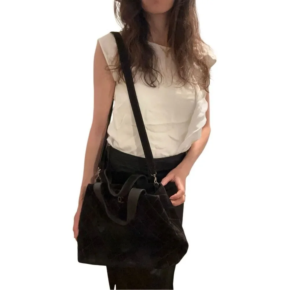 CHANEL dark chocolate Quilted Suede Tote with CC Logo